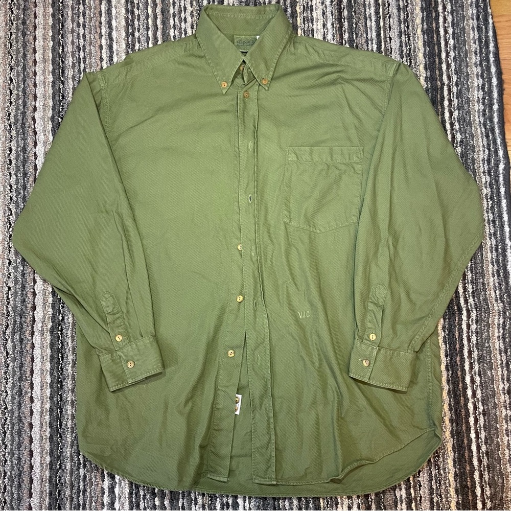 Vintage Versace Jeans Couture green button down w pleated sleeve, chest pocket